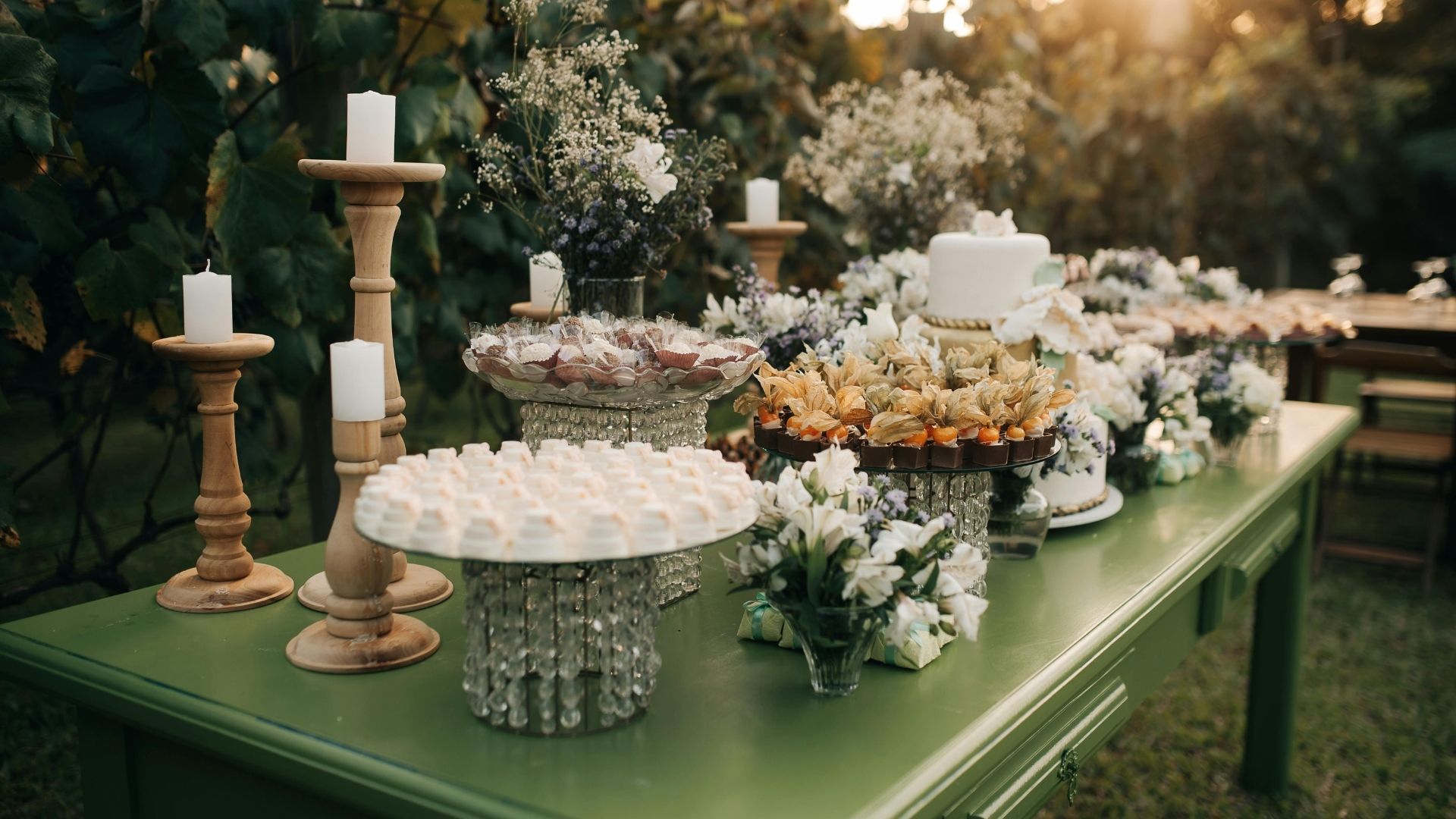 Tavola verde con dolci, candele e composizioni floreali per celebrazione privata