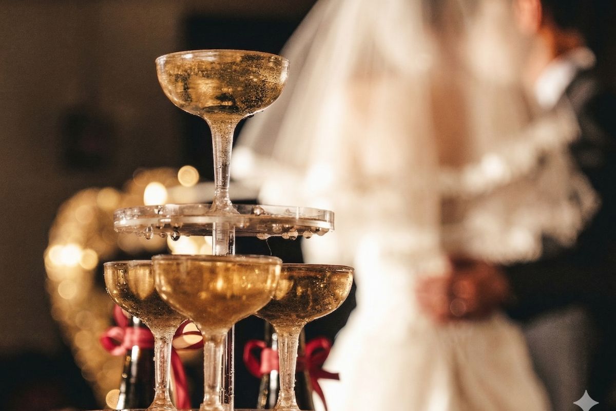Torre di coppe di champagne con sposi abbracciati sullo sfondo